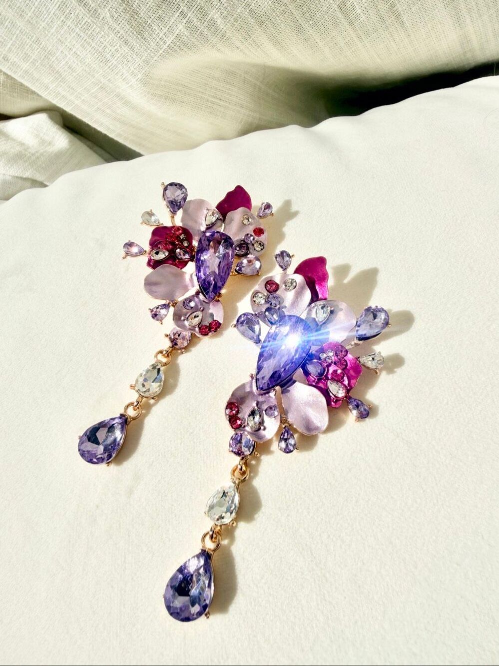 Purple Crystal Floral Statement Drop Earrings Pink Rhinestone Chandelier